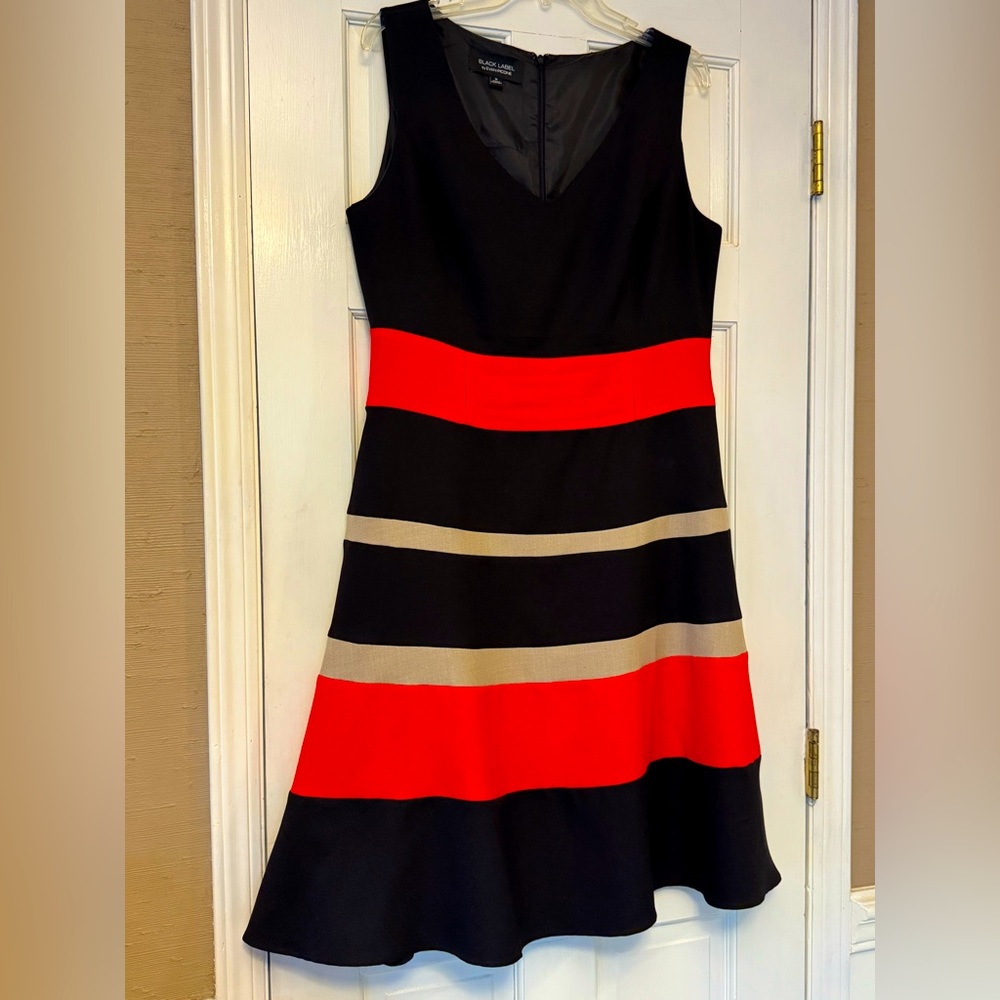 Evan Picone Black, Orange, and Tan Colorblock Midi Dress